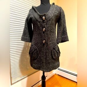 BCBG Gray Knit Cardigan with a hood.  elegant  stylish good preowned condition